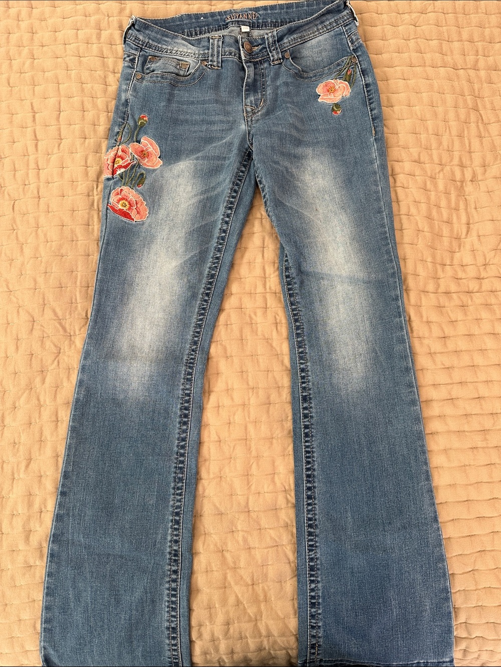 Shyanne Blue Flared Jeans with Pink Floral Embroidery